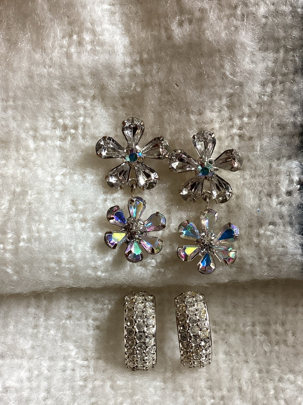Crystal Flower Drop Earrings Set - Clear & Aurora Silver